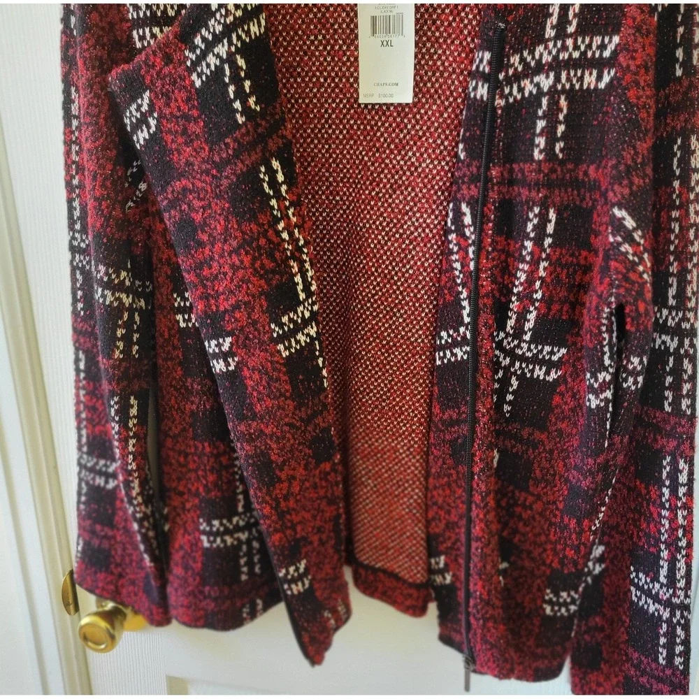 Chaps Womens Sweater Jacket XXL Red‎ Black White Plaid Knit Zip-Up Long Sleeve